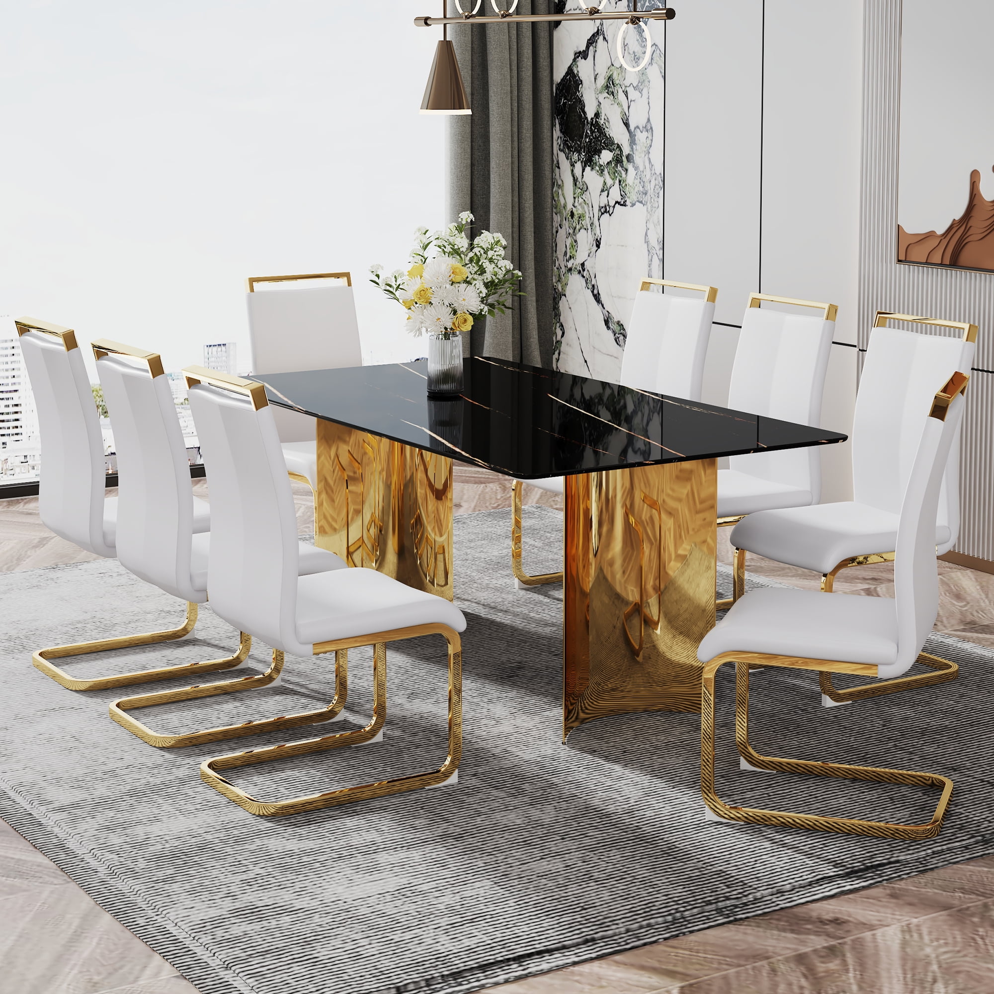 TesNus 71" Modern Dining Table for 6-8, Black Marble-Style Glass Tabletop with Gold Chrome-Plated Stainless Steel Base for Kitchen and Dining Room