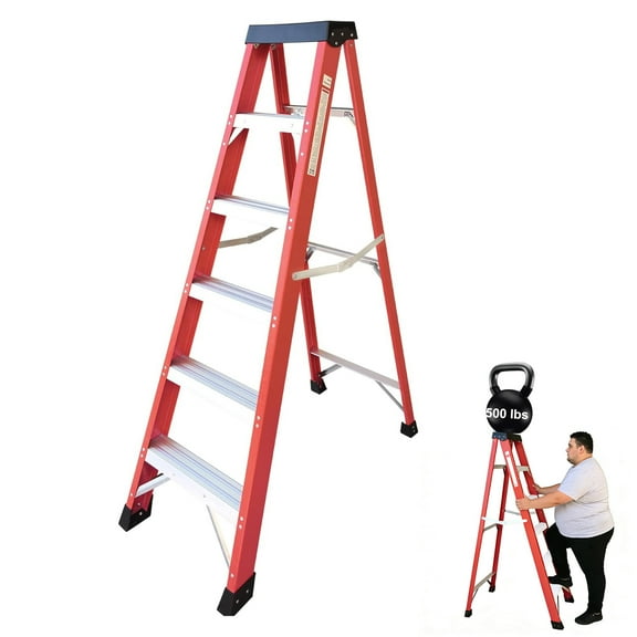 6 Foot Fiberglass Step Ladder with Tool Platform, 500lb Capacity, Type IA, Heavy Duty Folding Ladder with Anti-Slip Pedals  for Home, Warehouse