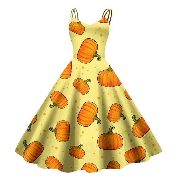 Women's Fashionable Thanksgiving Printed Strap Zipper Casual Retro Long Dress (5)