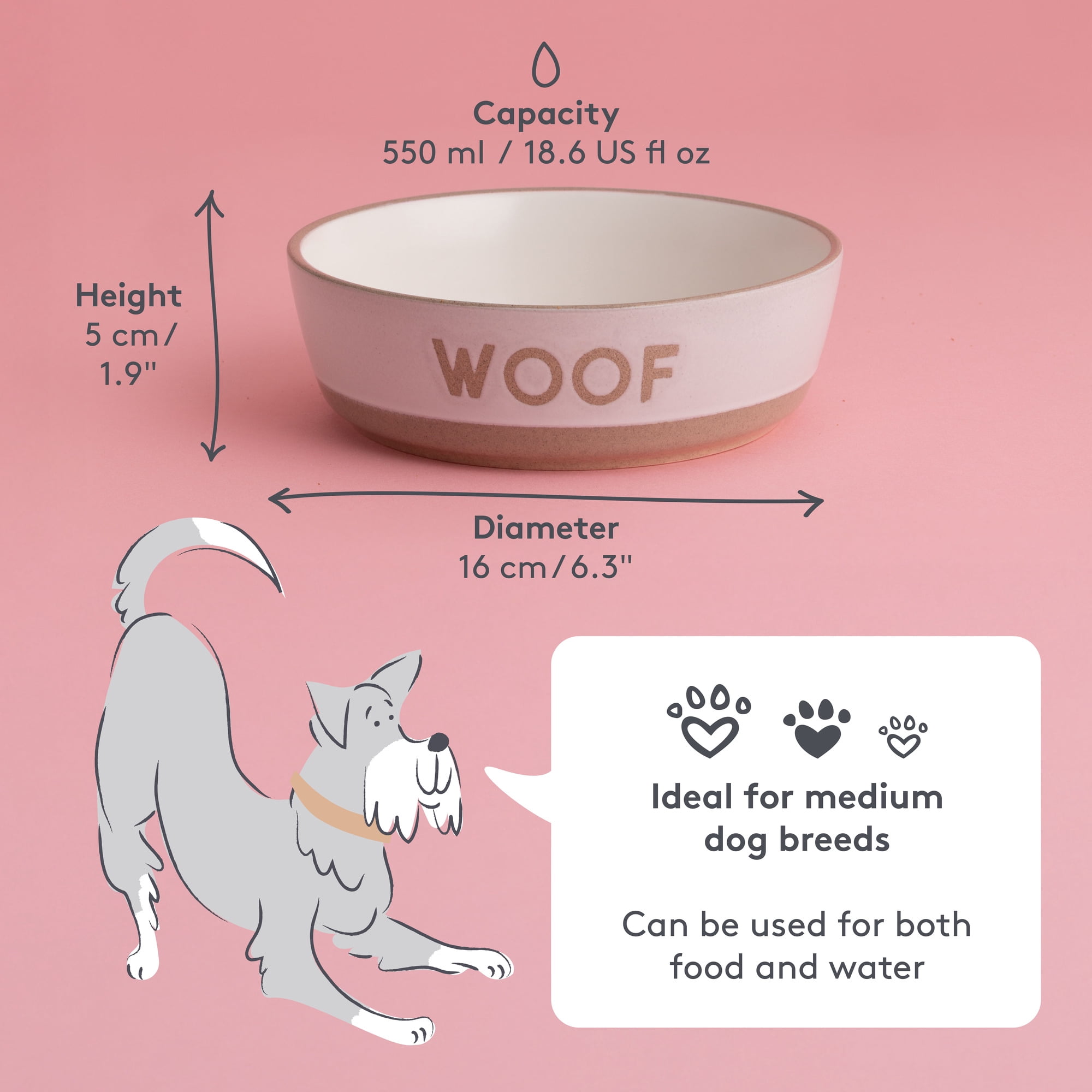 Mason Cash: Woof Dog Bowl - 5.9", 18.6oz - Cream & Tan - Durable Ceramic Food & Water Dish, Microwave & Dishwasher Safe, Pet Meal Feeding & Hydration