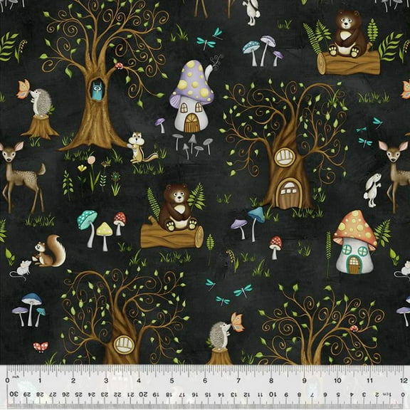 Cotton Enchanted Woods Into the Woods Woodland Animals Tree Houses Mushrooms Windham Fabrics Black Cotton Fabric Print by the Yard (54520-2)