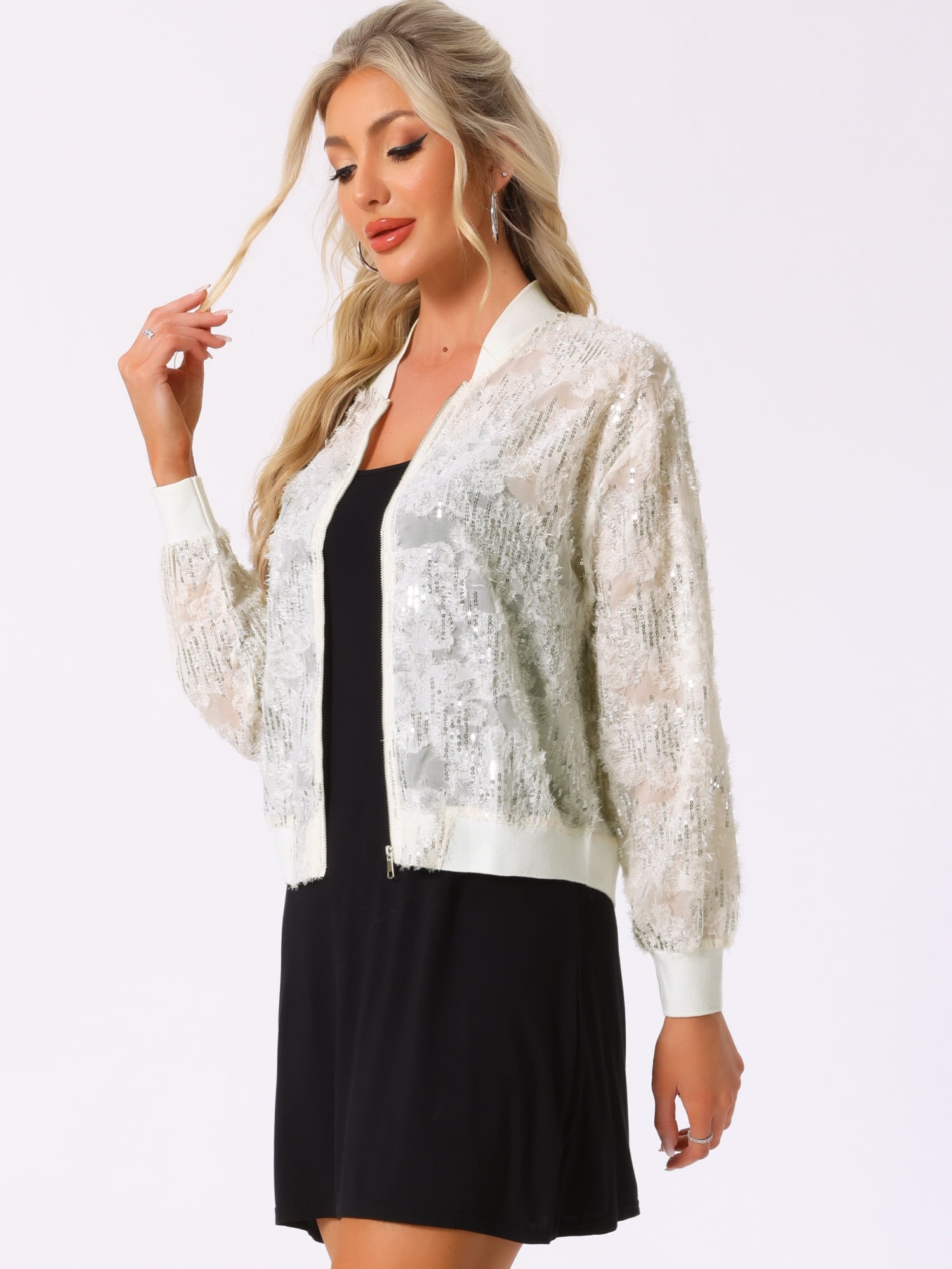 DARING DIVA Sequin Zipper Sparkly Party Bomber Jacket M Light Apricot
