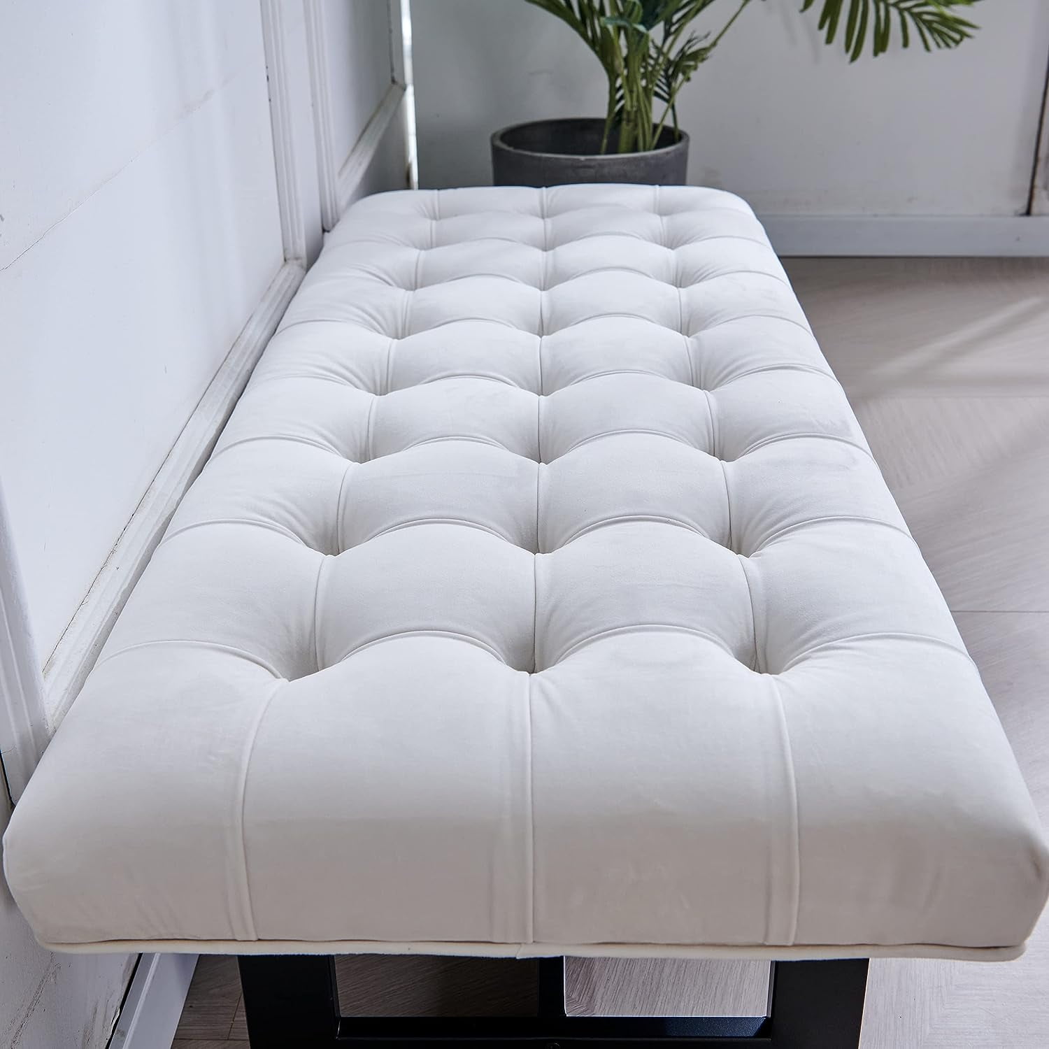 Nathaniel Home 48'' Button-Tufted Kids Ottoman, Upholstered Bedroom Benches, Vegan Leather Footrest Stool Accent Bench, for Living Room End of Bed White