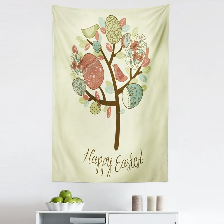 Easter Tapestry Vintage Spring Tree with Colorful Foliage Ornate Eggs Birds Easter Holiday Fabric Wall Hanging Decor for Bedroom Living Room Dorm 5