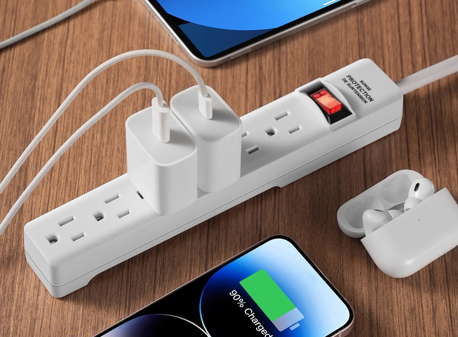 Hyper Tough Surge Protector Power Strip, 6 Outlets, 2.5 ft Extension Cord, Grounded, White, 2-Pack