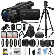 Sony FDR-AX100 4K Ultra HD Camcorder Video Camera + 192GB Memory + Backpack + Case + Telephoto & Wide Angle Lenses + Filter Set + LED Video Light + Tripod + Monopod + Extra Charger & Batteries + More