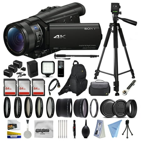 Sony FDR-AX100 4K Ultra HD Camcorder Video Camera + 192GB Memory + Backpack + Case + Telephoto & Wide Angle Lenses + Filter Set + LED Video Light + Tripod + Monopod + Extra Charger & Batteries + More