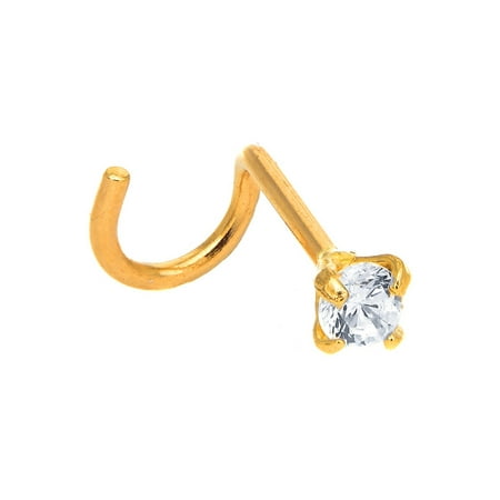 - 14K Solid Yellow Gold Prong Set CZ Nose Screw Ring - 0.5mm 24 Gauge 9mm Long