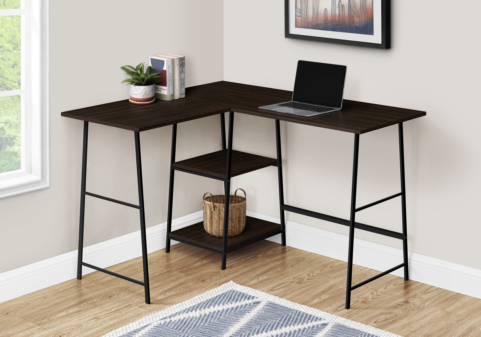 48 Inch L Shaped Espresso Brown Computer Desk with Black Sawhorse Legs and Shelves
