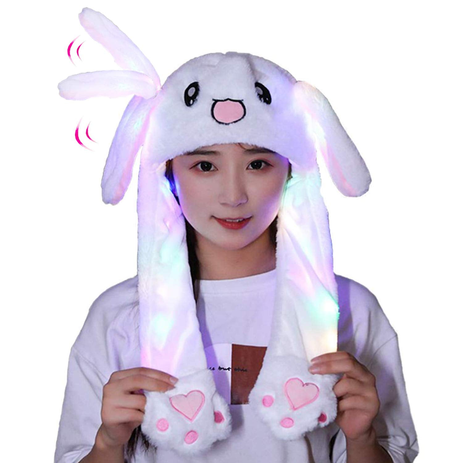 LED Glowing Plush Moving Rabbit Ear Hat,Girls Funny Plush Animal Ear Hat Toy With Moving Ears Pressing the Animal Cap Will Make the Ears Move Girls Boys Kids Women Cosplay Attractive Toys 