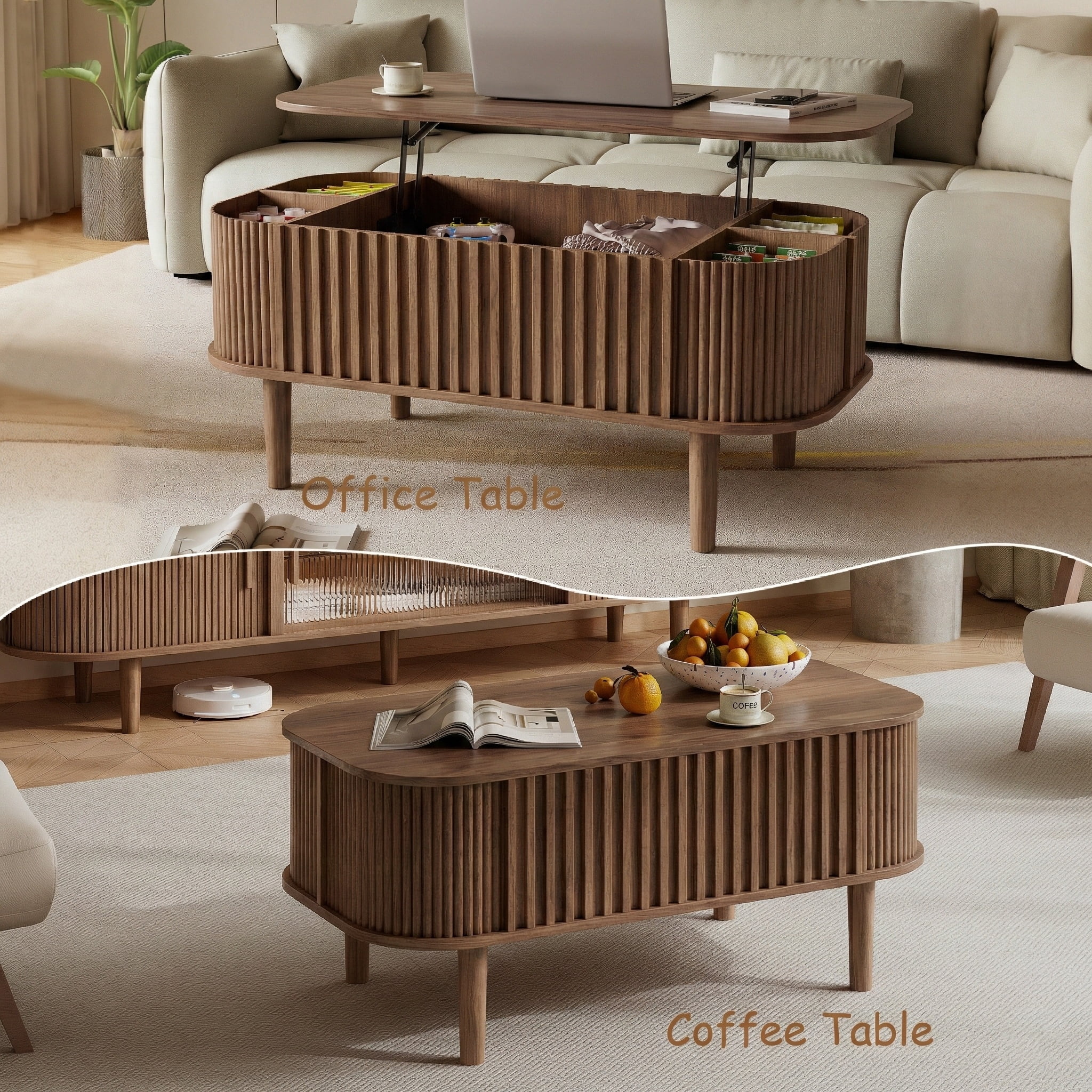 40" Lift Top Coffee Table with Storage, Faux Marble Tabletop & Solid Rubber Wood Legs, Mid-Century Modern Lift-Up Coffee Table for Living Room Walnut