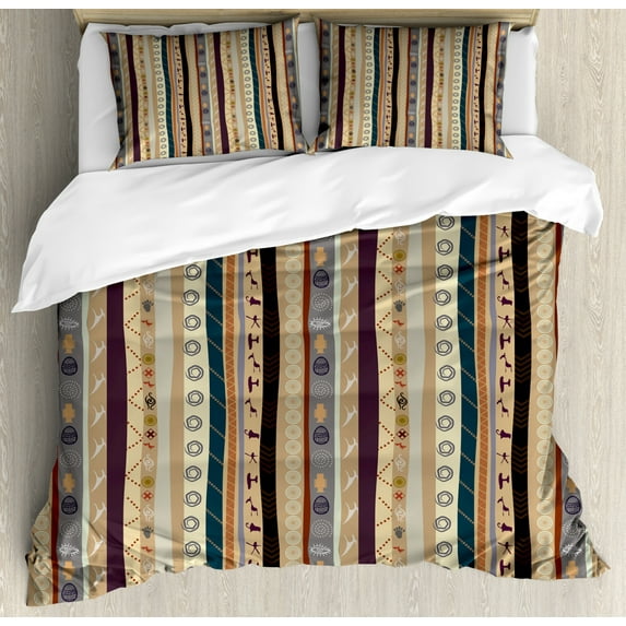 Ethnic Duvet Cover Set Queen Size, Inspired Vertical Strips with Various Ornaments and Old Motifs Folkloric Details, Decorative 3 Piece Bedding Set with 2 Pillow Shams, Multicolor, by Ambesonne