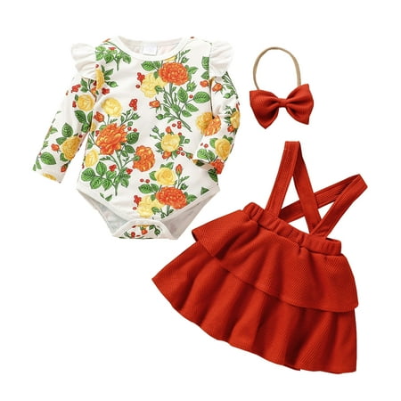 

Baby Girls Long Ruffled Sleeve Floral Print Romper Bodysuit Tops Solid Suspender Skirt With Headbands Outfits Set 3PCS Size 0 Months-18 Months
