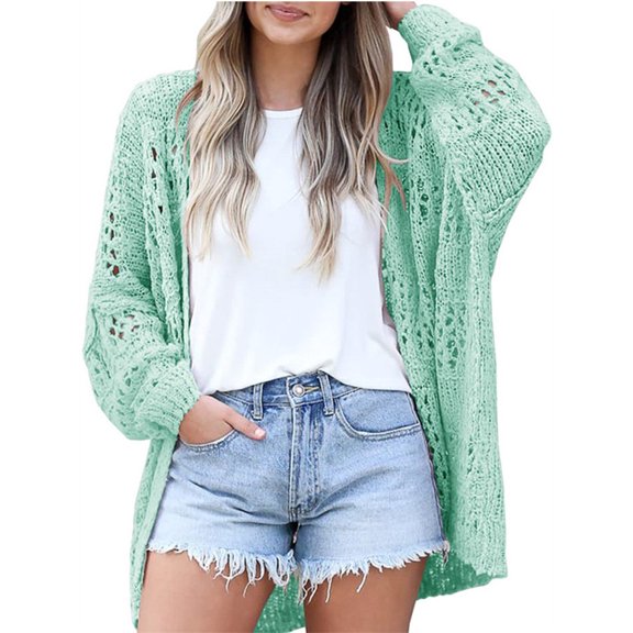 Hollow-Out Women Knit Kimono Caridgan Open Front Loose Sweater Coat