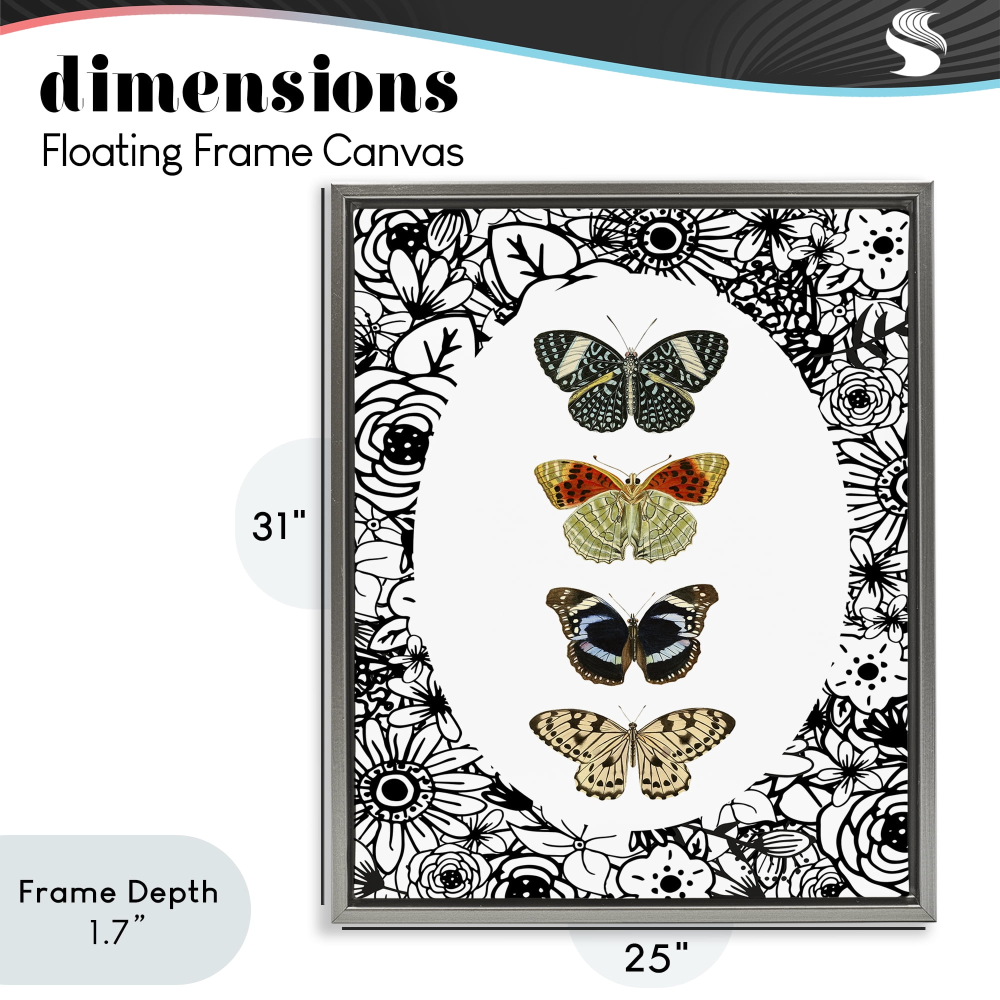 Stupell Industries Floral Butterfly Lineup Gray Framed Floater Canvas Wall Art, design by Dan Meneely