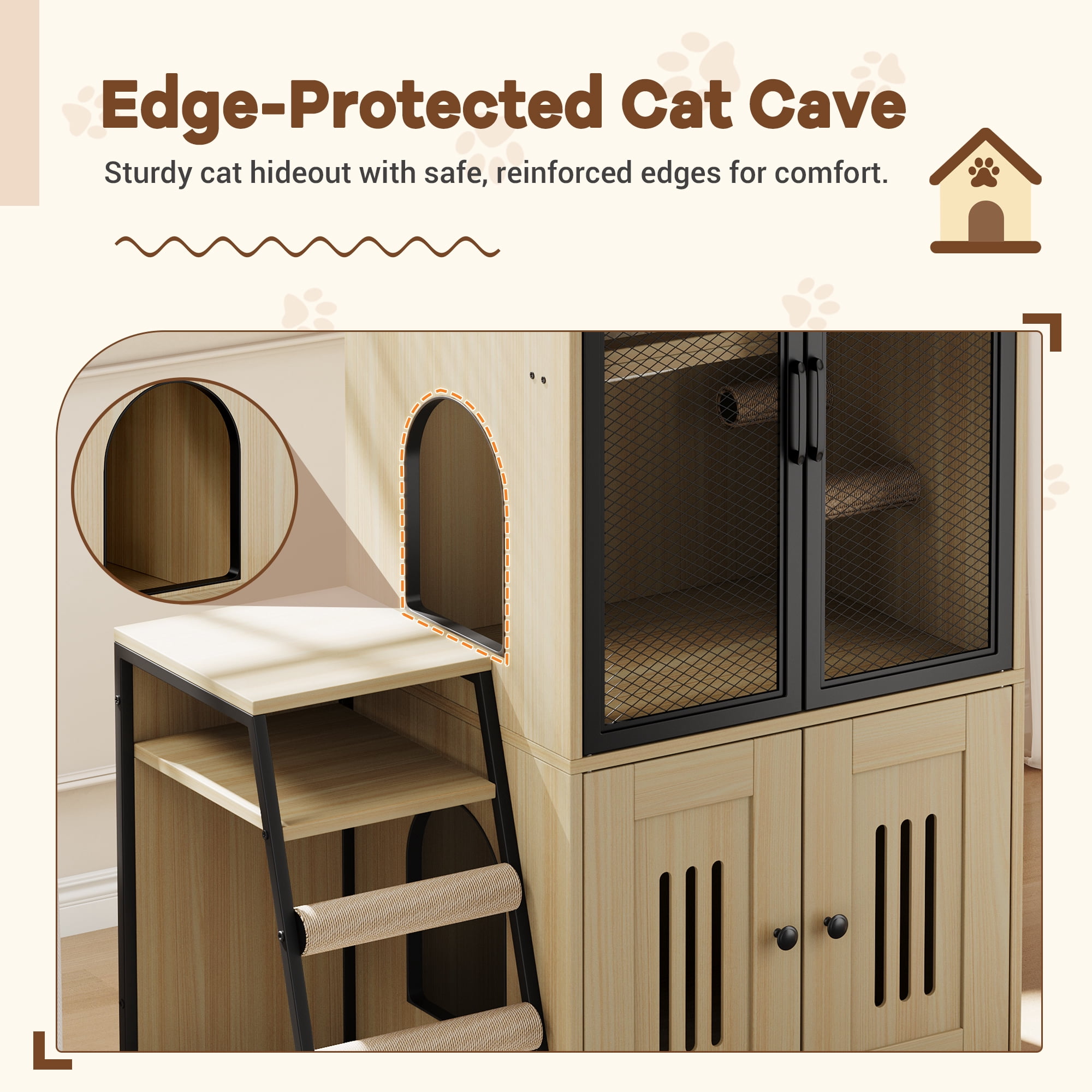 Roromall Cat Litter Box Enclosure for 2 Cats, Double Cat House with Doors & Storage Space, Enclosed Litter Box Furniture with Ladder
