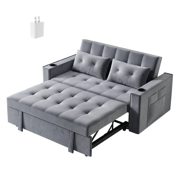 Tereitr Convertible Sofa Bed Couch with Cup Holders, Side Pockets, USB Ports and 2 Pillows, Velvet Loveseat Sleeper with Put Out Bed and Adjustable Backrest, Sofa Sleeper for Living Room, Grey