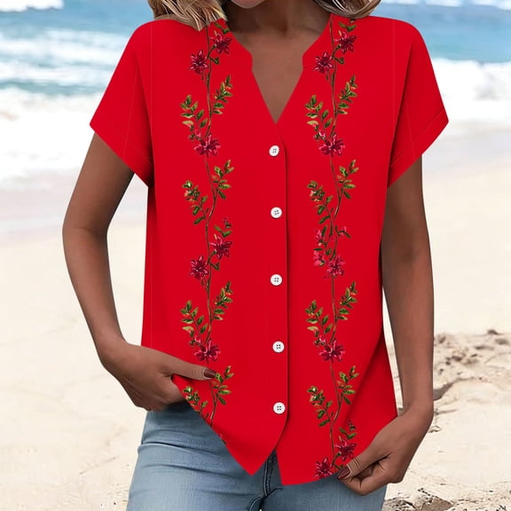 Uootdi Henley Blouses for Women V Neck Short Sleeve Button Front Floral Print Tops Loose Casual Lightweight Comfy Shirts Tees Gift