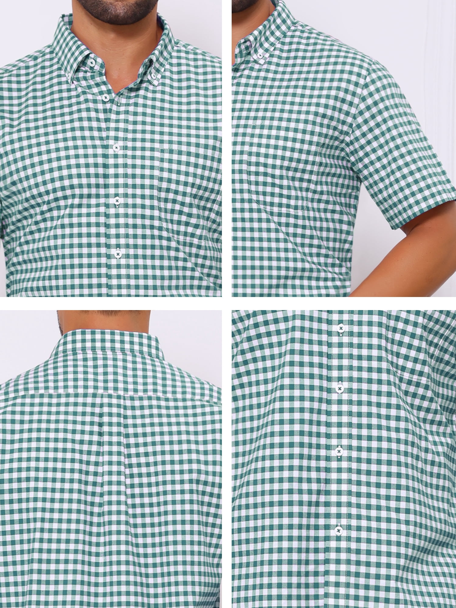 DARING DIVA Men's Point Collar Short Sleeve Button Business Plaid Shirts XL Green White