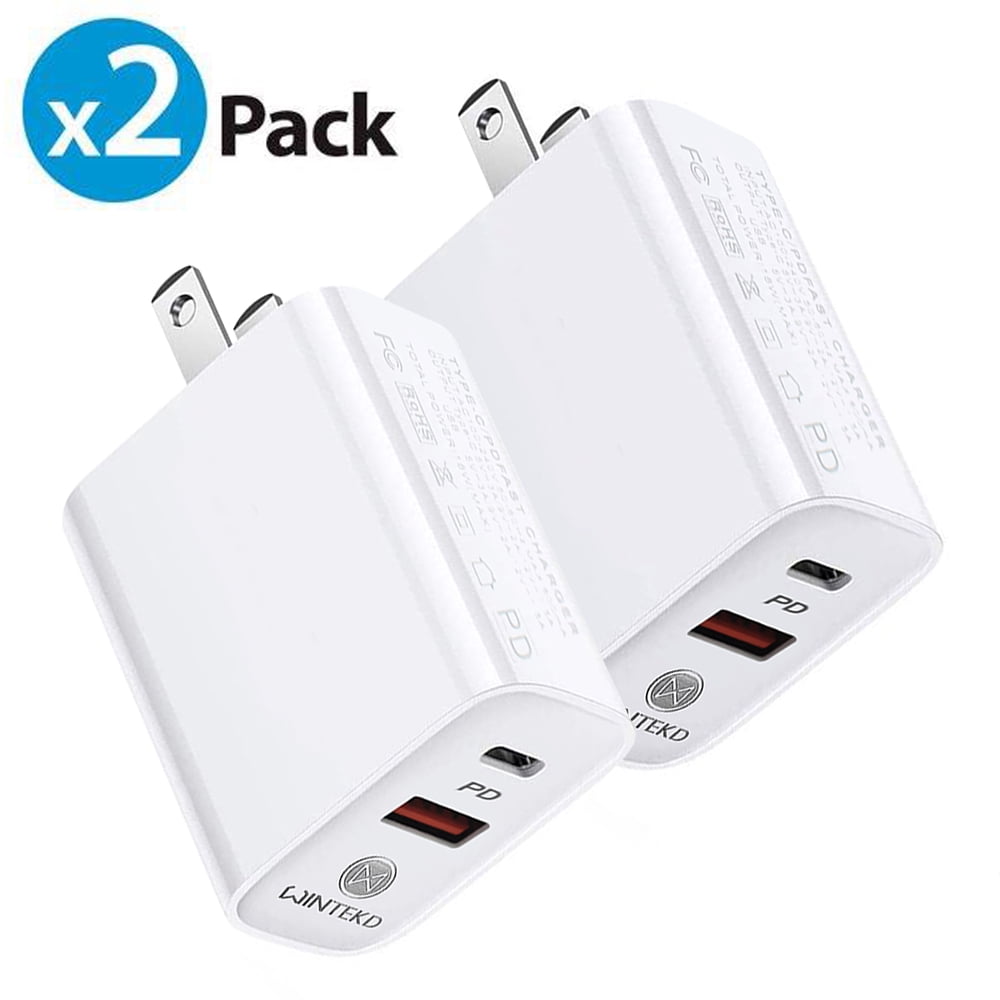 2 Pack 18W Lightning Fast Charger with Dual Port TypeC PD 3.0 Plus USB