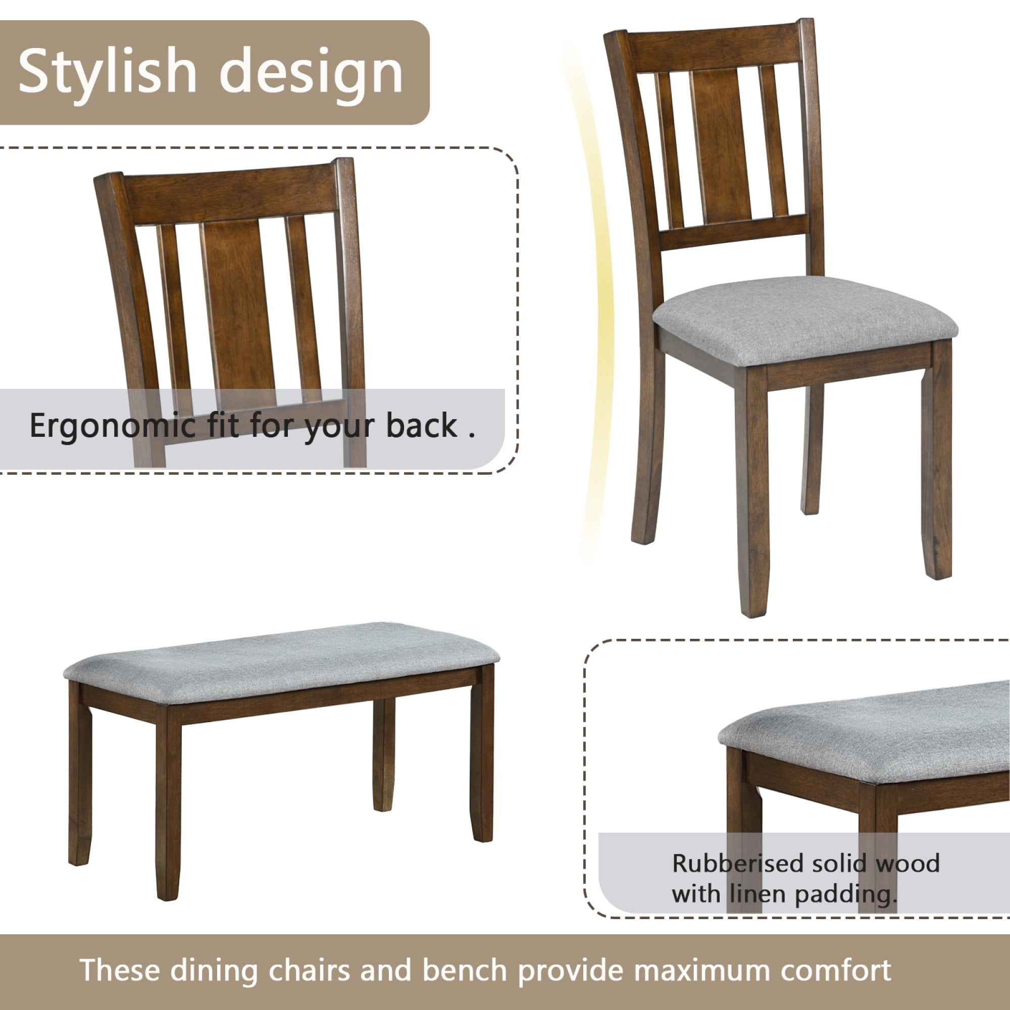 Leumius 6 Piece Kitchen Dining Set,Wood Rectangular Kitchen Table with 4 Upholstered Chairs and a Bench,Dining Table Set for 6 People,Kitchen Dining Table Set for Living Room, Home Bar and Kitchen