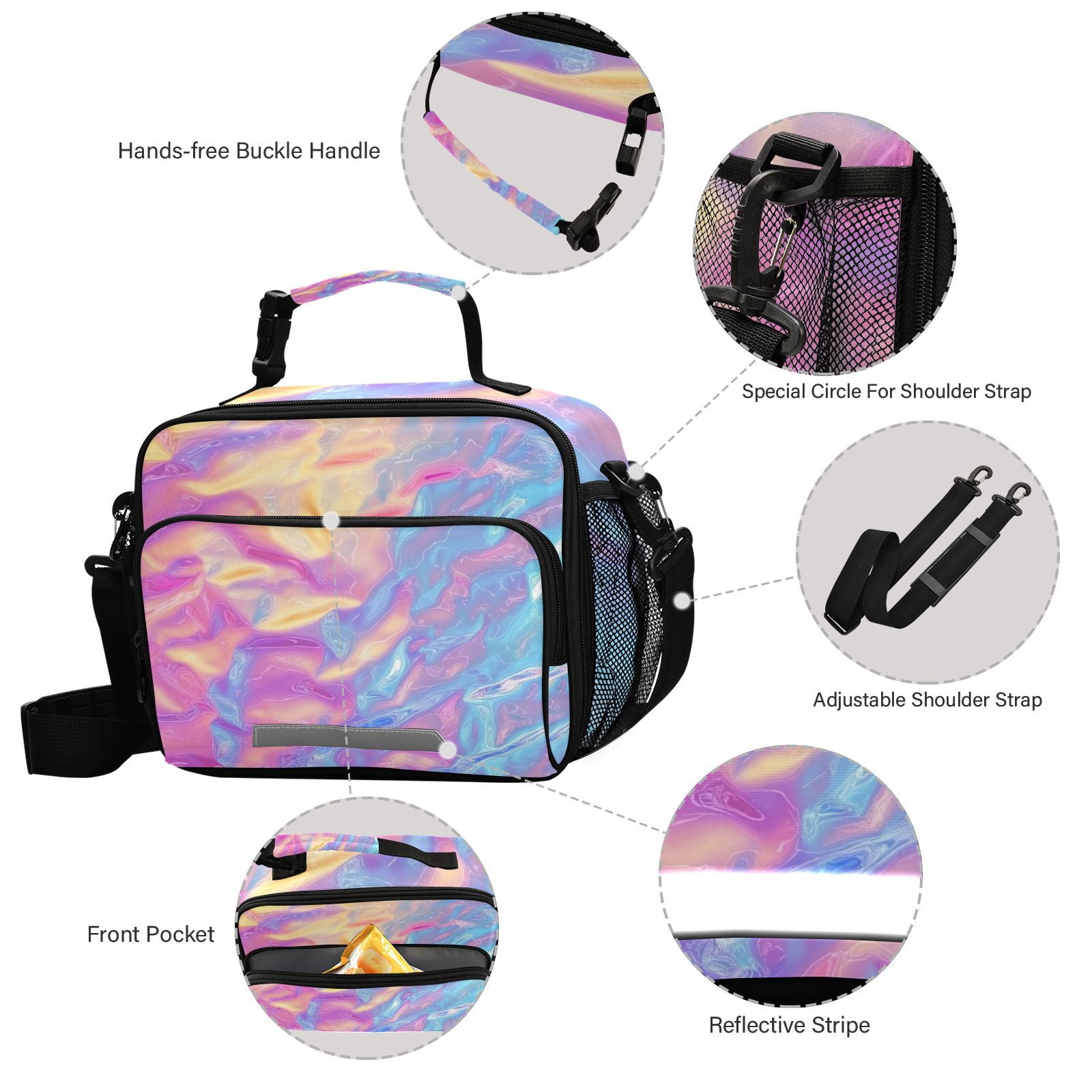 Colorful Hologram Waves Lunch Bag Cooler Bag Cooling Tote Portable Shoulder Strap Interior Pockets for Picnic Travel