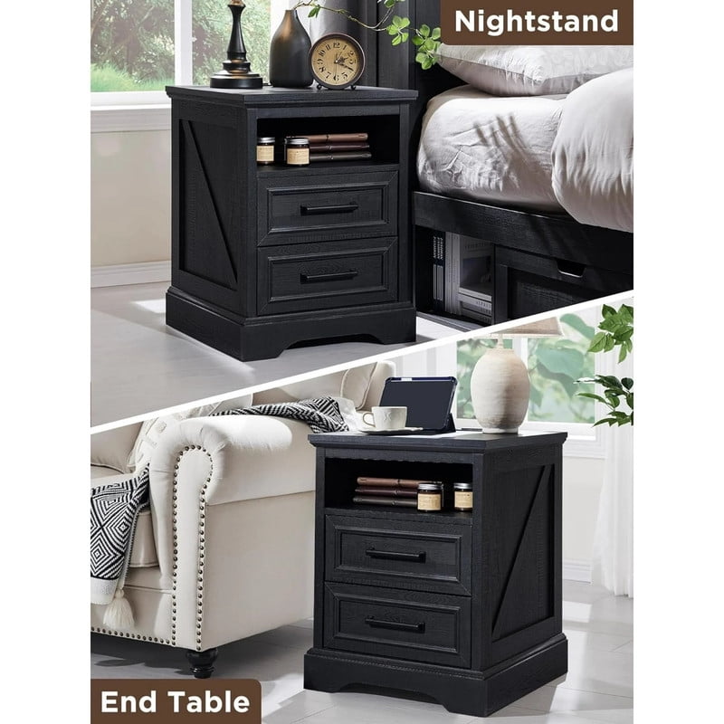Kelno 18" Nightstand with Charging Station Farmhouse Wooden End Table with 2 Drawers USB TypeC Outlets，Black