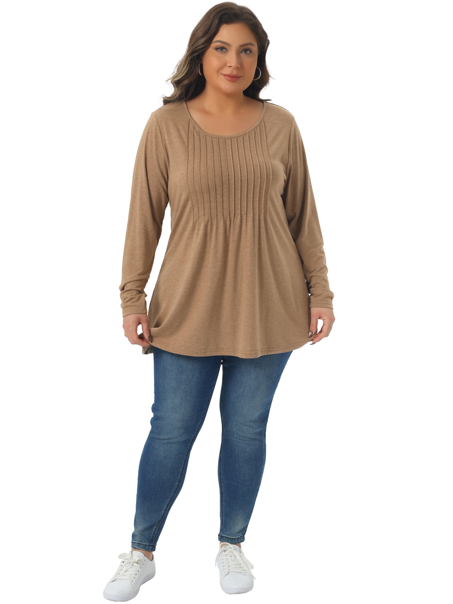 DARING DIVA Women's Plus Pleated Blouses Crew Neck Soft T-Shirt 4X Camel
