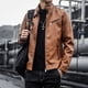 thumbnail image 2 of 2022 Chaqueta de cuero PU marrón y negro para hombre, chaqueta de motocicleta informal con cremallera para hombre, abrigo ajustado de moda urbana para motociclista, 2 of 4