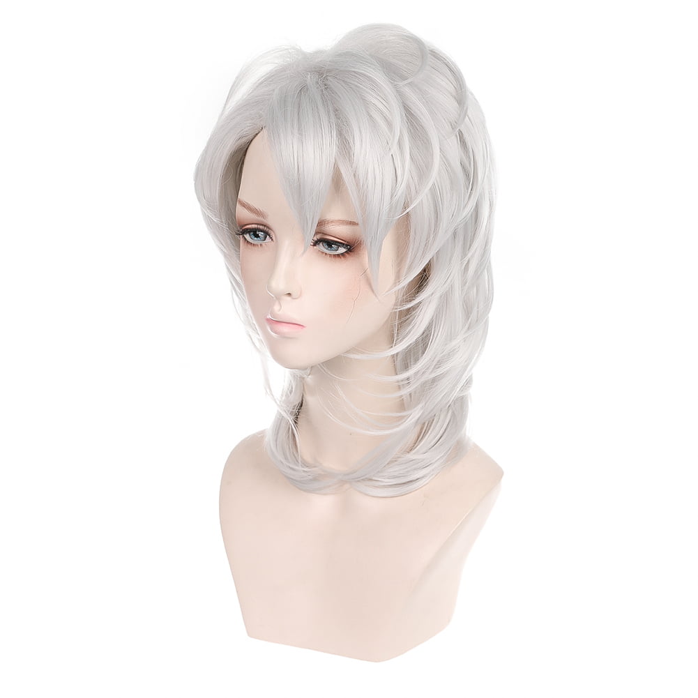 Bcloud Silver White Mid-length Synthetic Wig Anime Curly Hair Cosplay Party  Hairpiece 