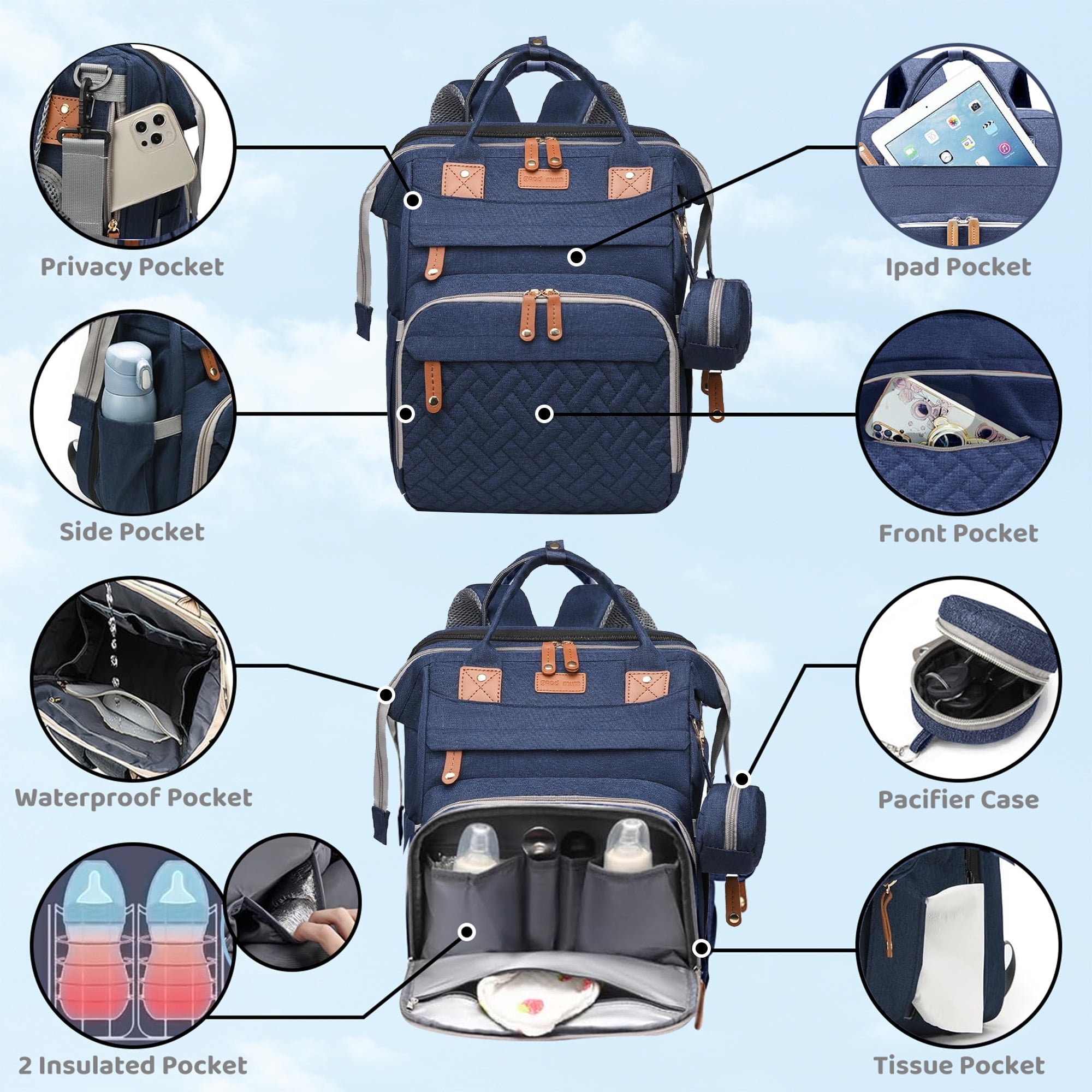 Anoak Baby Diaper Bag Backpack with Changing Station, Large Capacity Baby Bag, Waterproof Travel Backpack with USB Charging Port, Stroller Straps , Baby Shower Gifts
