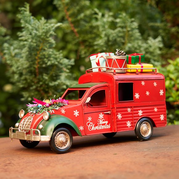 Zaer Ltd. Large Size 14" Long Vintage Style Christmas Cars with Attached Accessories (Red Covered Truck)
