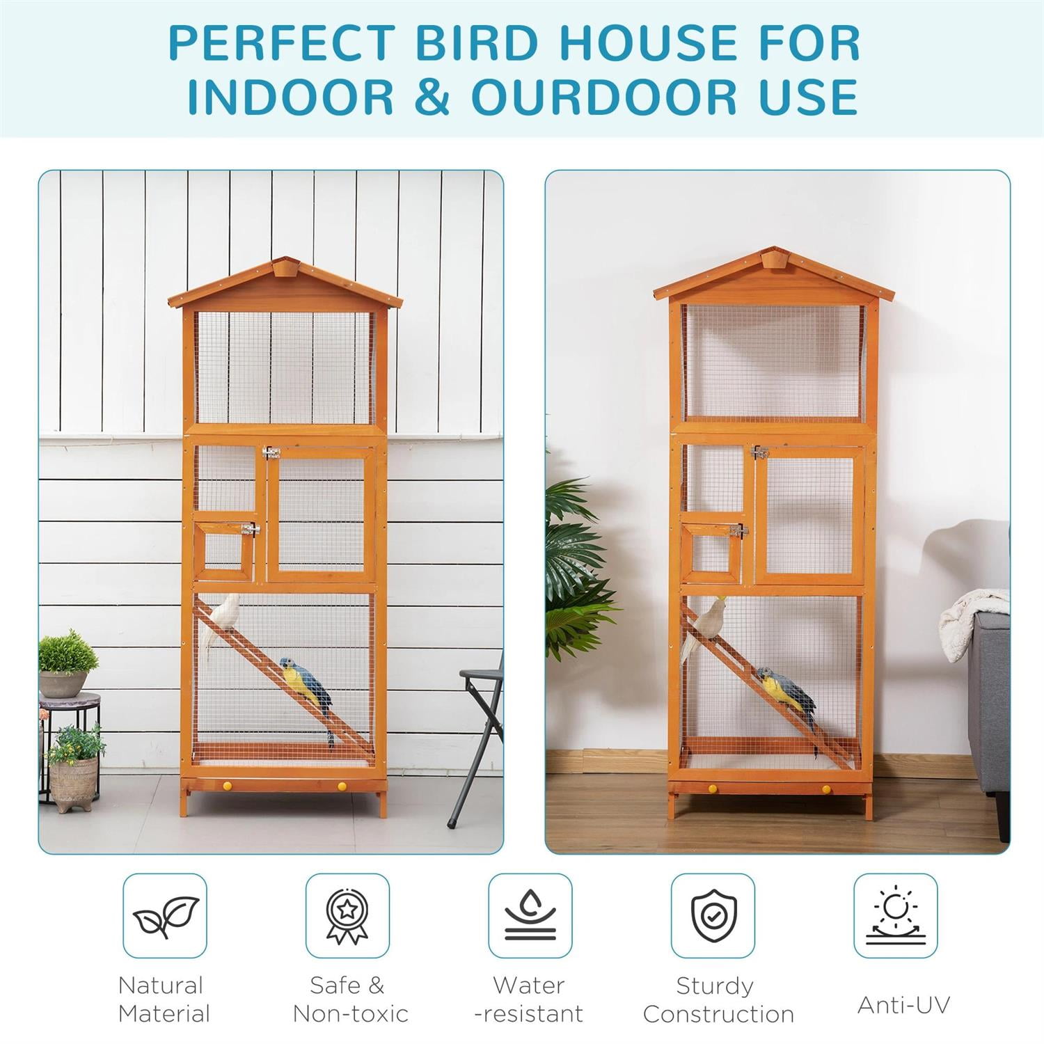 Pefilos Outdoor Bird Aviary, 65" Wooden Birdcage with Pull Out Tray 2 Doors, Ideal for Small Birds, Finches, Orange