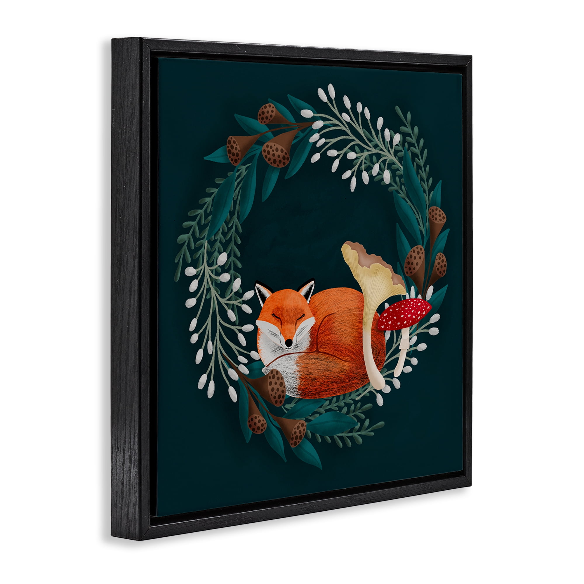 Sleepy Fox in Botanical Wreath Black Framed Floater Canvas Wall Art, design by Metka Hiti