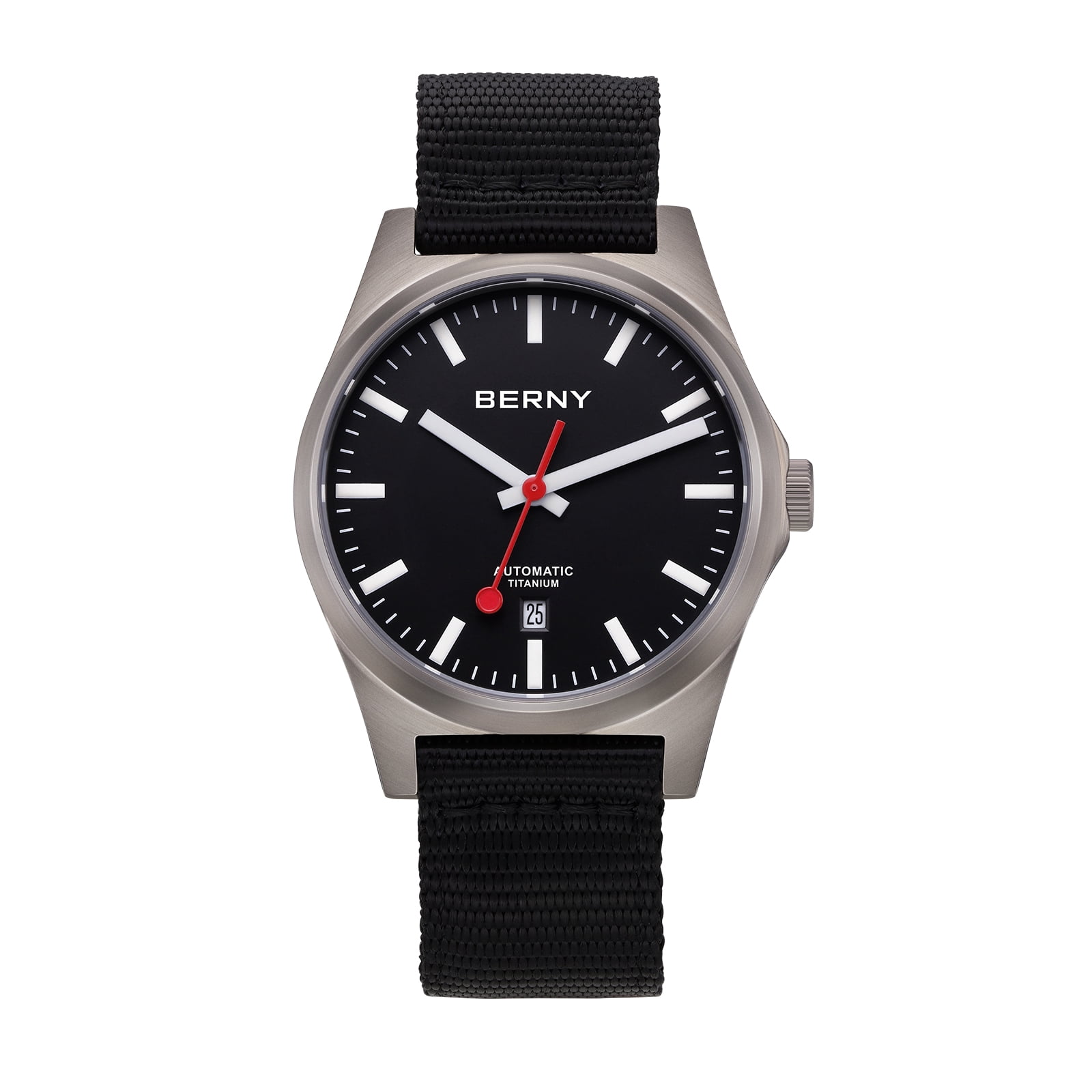 BERNY Automatic Titanium Watches for Men, Sport Casual 10ATM Waterproof Analog Mechanical Watch with Date, Nylon Strap, Super Luminous, Sapphire Crystal, Fashion Minimalist Wrist Watch (Black)
