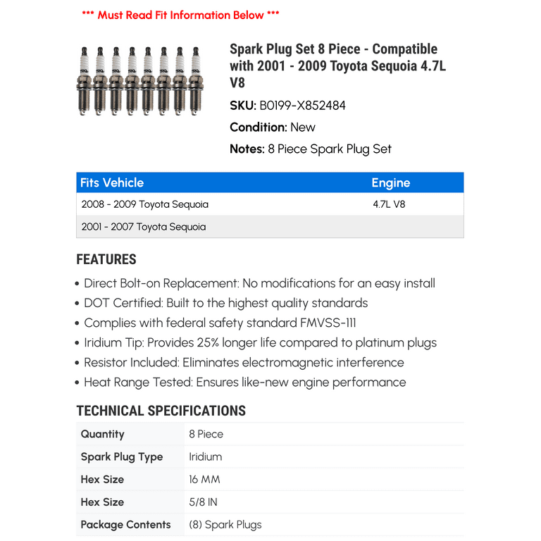 Spark Plug Set 8 Piece - Compatible with 2001 - 2009 Toyota
