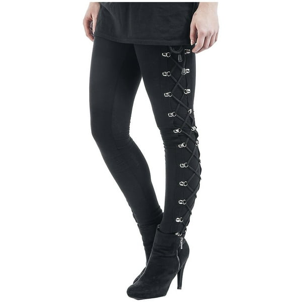 Plus Size Womens Black Pants Gothic Criss Cross Lace Up Buckle Strap Skinny  Leggings Steampunk Ladies Trouser 