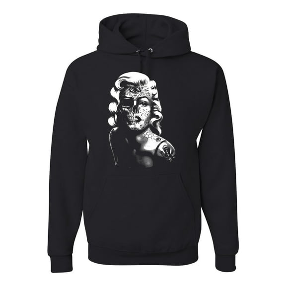Manilyn Monroe Skull Face and Body Tattoo | Mens Pop Culture Hooded Sweatshirt Graphic Hoodie, Black, Small