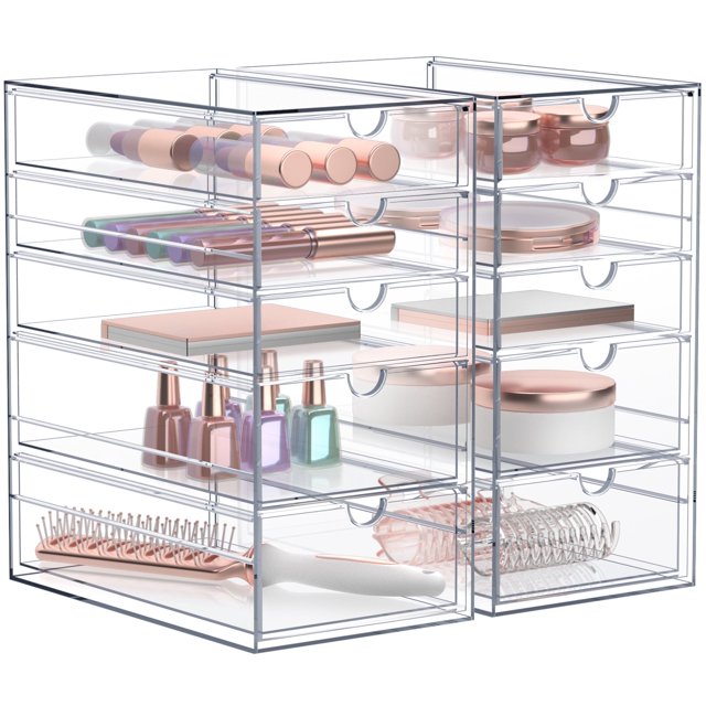Sorbus Organizador de Maquillaje Cosmético Acrílico 10 Cajones, Transparente, Apilable, para Joyas y Suministros de Oficina, 2 Pzas