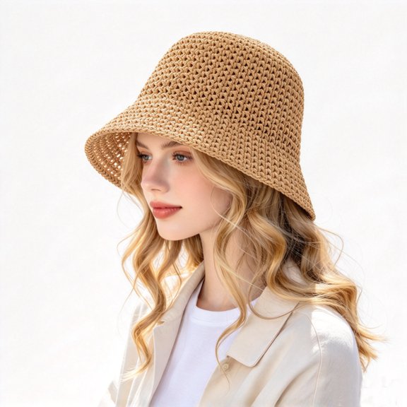 Lipengxiao Women Straw Bucket Hat, Wide Brim Foldable Summer Sun Protection Hat