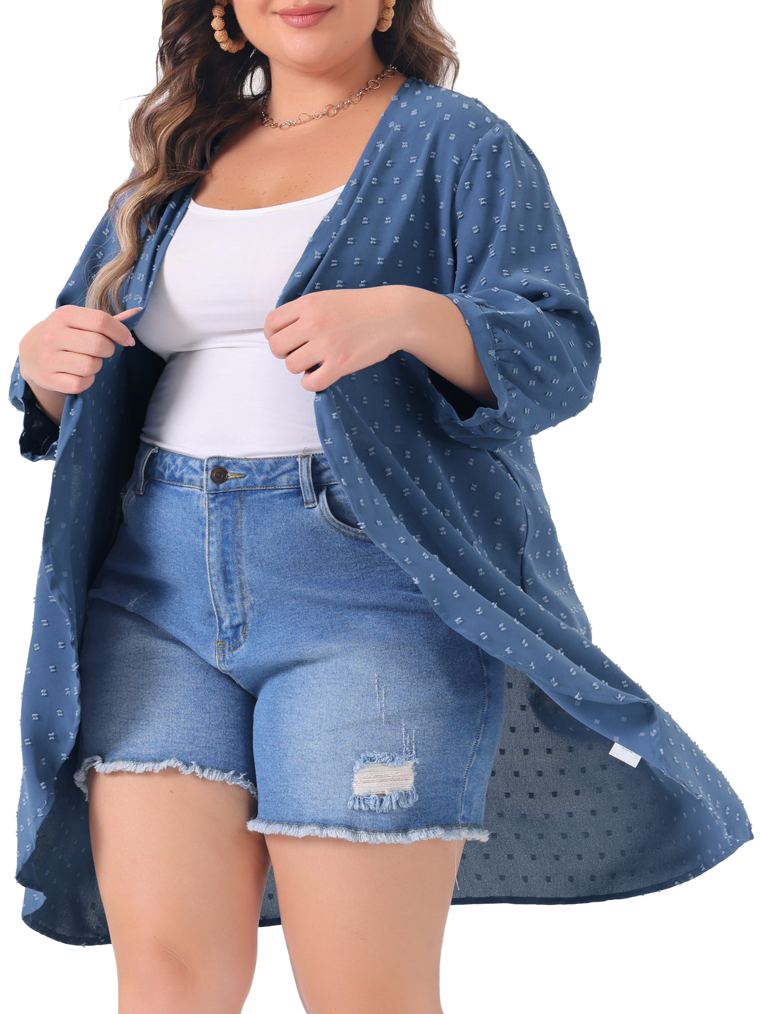 DARING DIVA Plus Size 3/4 Sleeve Swiss Dots Cover Up Cardigan 2X Blue