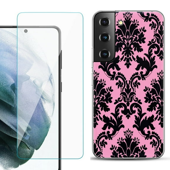 Slim-Fit TPU Fashion Phone Case for Samsung Galaxy S22 5G, with Tempered Glass Screen Protector, by OneToughShield ® - Victorian Pink/Black