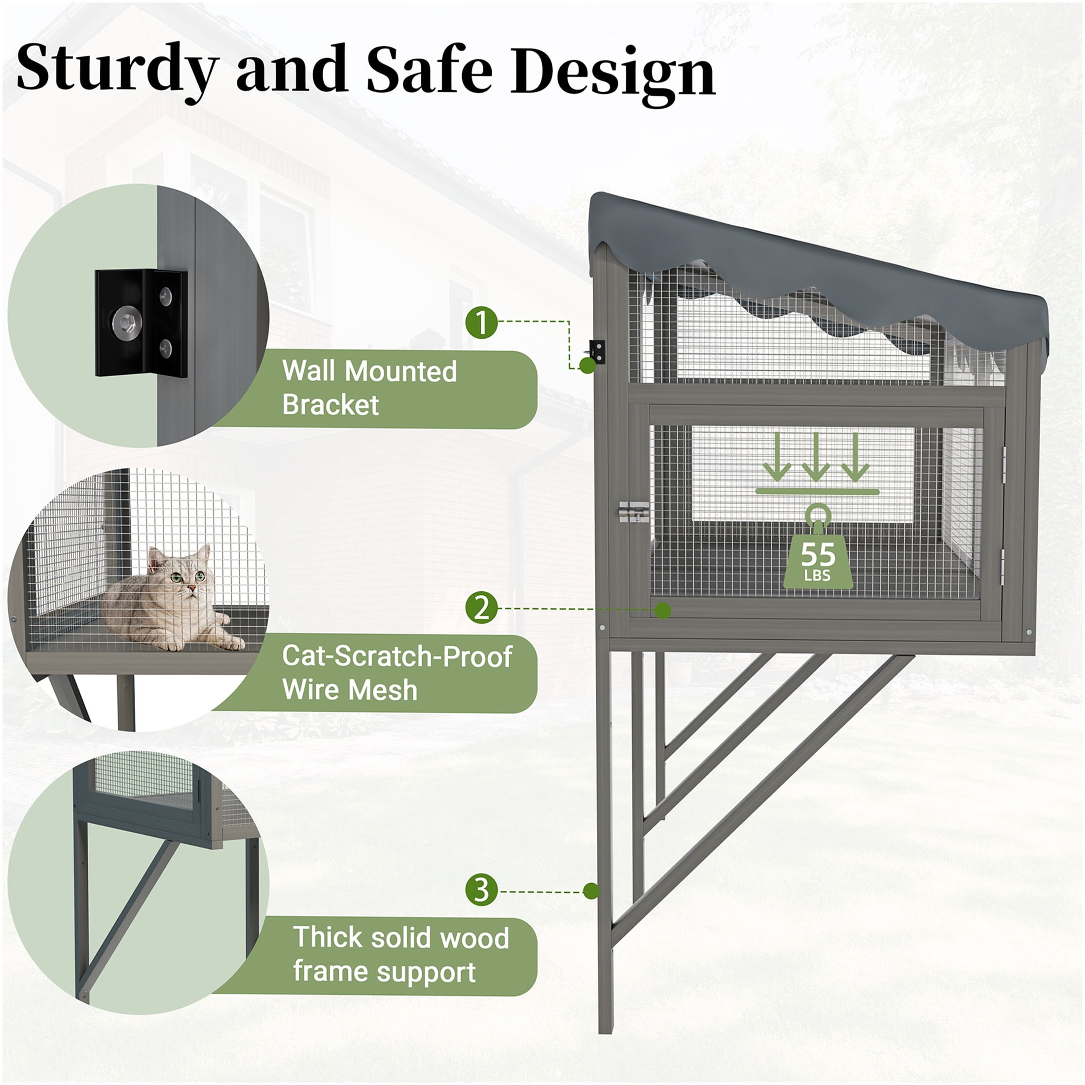 JERFIT Cat Window Enclosure Box, Gray Wooden Catio Perch for Indoor Cats, Expandable Outdoor Haven with Weather-Resistant Roof, Secure Wall Mount
