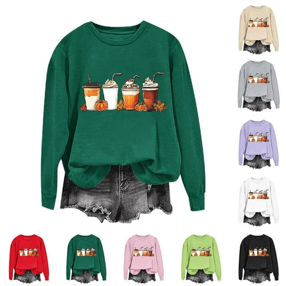 TKLPEHG Thanksgiving Sweatshirts for Women Fall Pumpkin Coffee Graphic Sweatshirts Fleece Long Sleeve Tops Crewneck Pullover (Army Green,L)