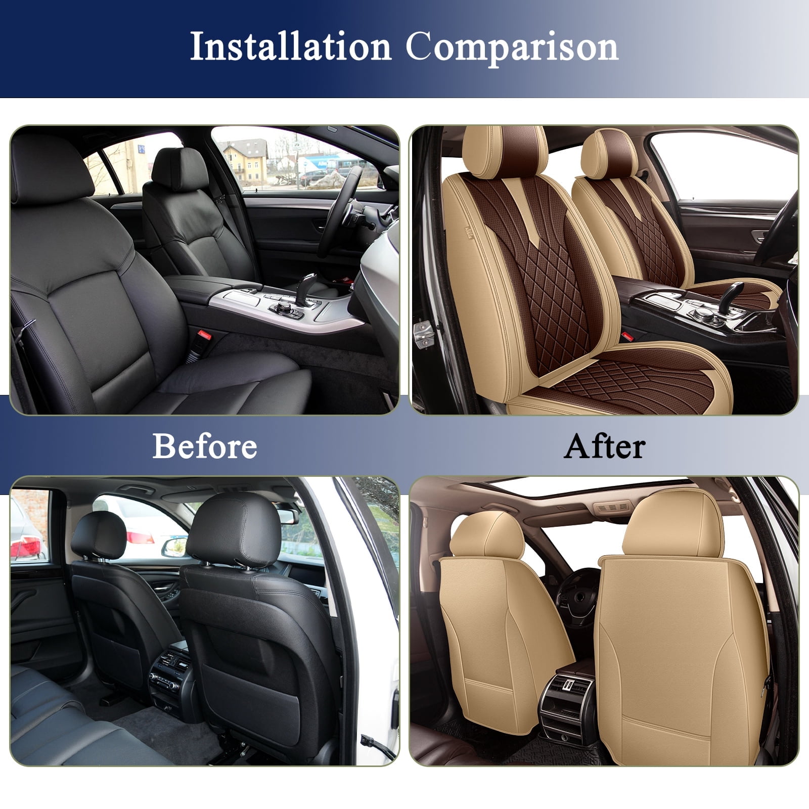 DIKSOAKR Car Seat Covers for Toyota RAV4 1998-2018, Breathable Perforated Faux Leather Seat Cover, 2 Front Seats Interior Automotive Accessories, Beige & Brown