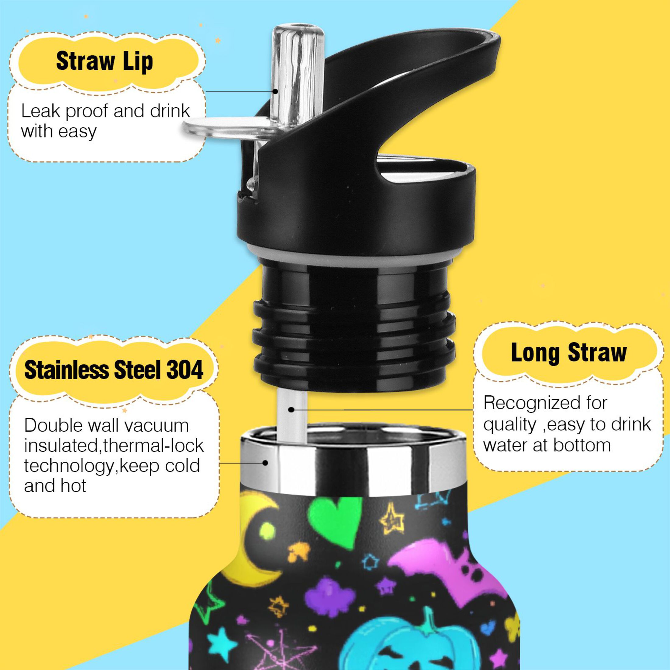 Kids Insulated Stainless Steel Sports Water Bottle 600ml (20oz) Colorful Halloween Elements