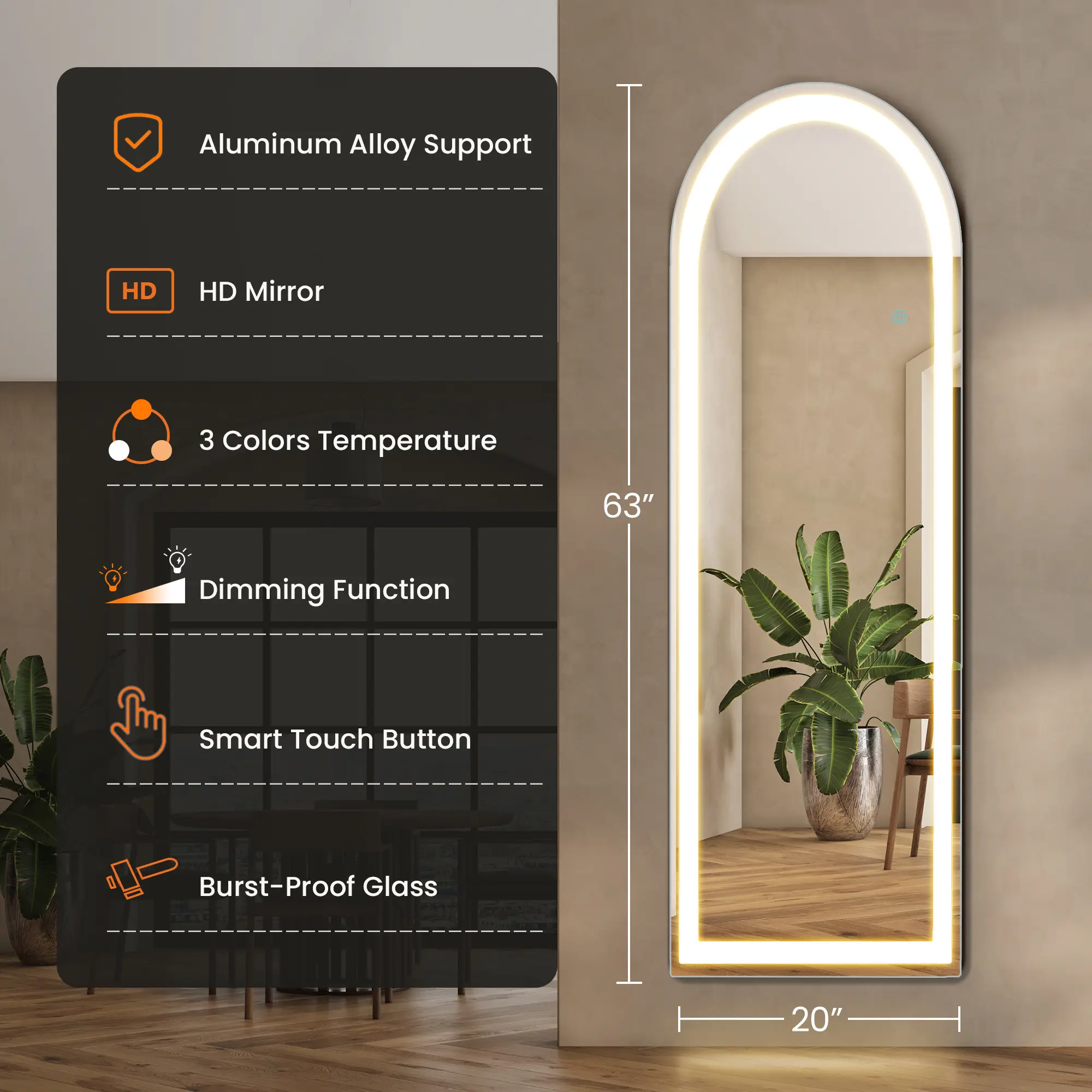 Aukfa 63" x 20" LED Full Length Mirror, Wall Mounted Floor Standing with Touch Control & 3-Color Dimmable Lights