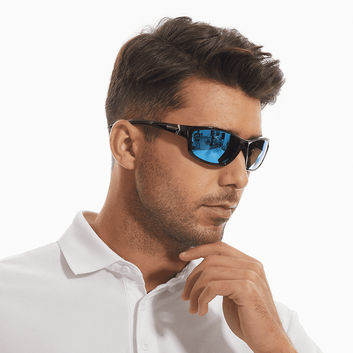 BNUS Polarized Sunglasses Men Women Corning Real Glass Lens Shiny Black /  Blue Mirrored Lenses 