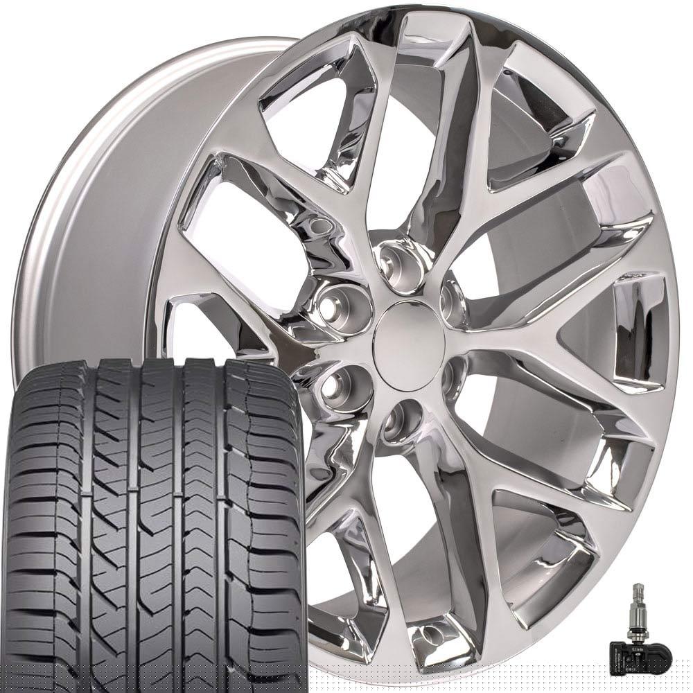 OE Wheels CV98B 22 Inch Rims, Tires & TPMS Fit Silverado 1500 Snowflake Style 6x139.7 22x9 Chrome - Hollander 5668 - Goodyear Eagle Sport 285/45-22 (Set of 4)