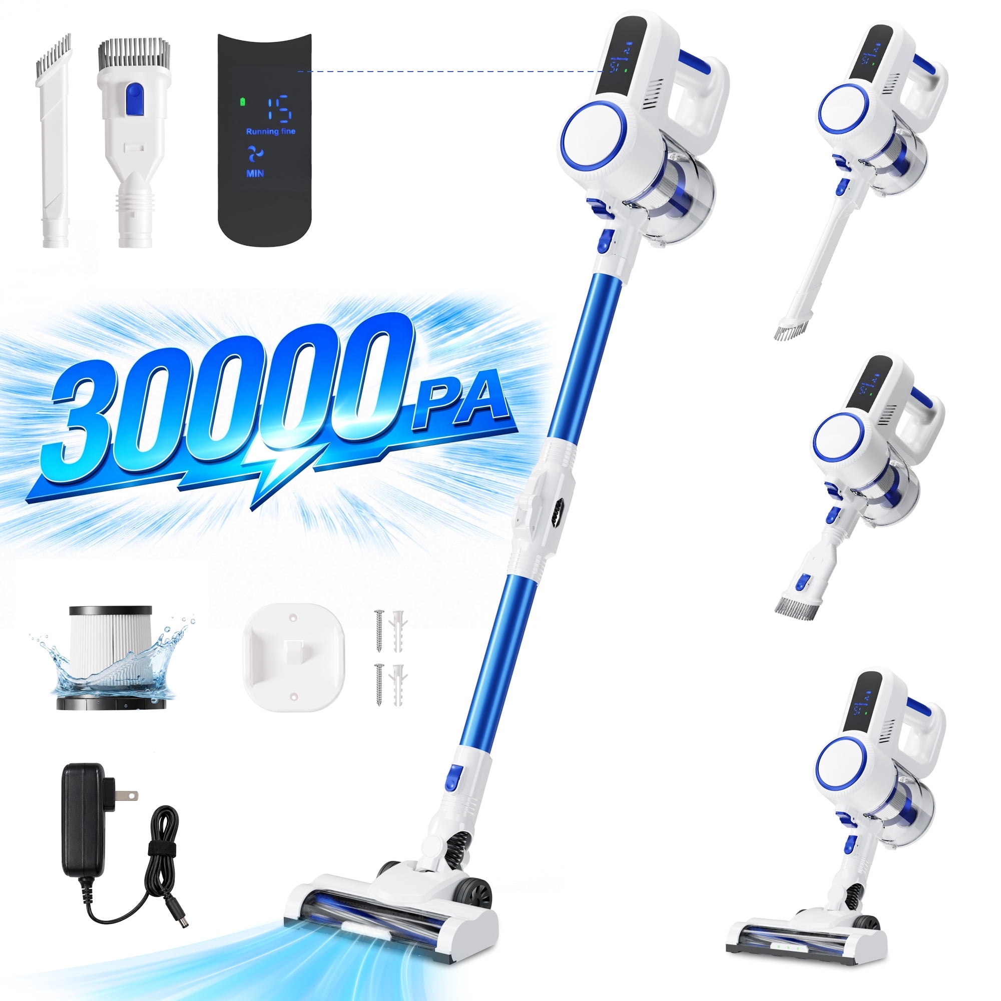 KISSAIR Cordless Vacuum Cleaner 300W/30000PA 45min 2000mah Lightweight Led Display Screen Stick Vacuum Cleaners for Home Hardwood Floor Carpet Pet Hair, Blue
